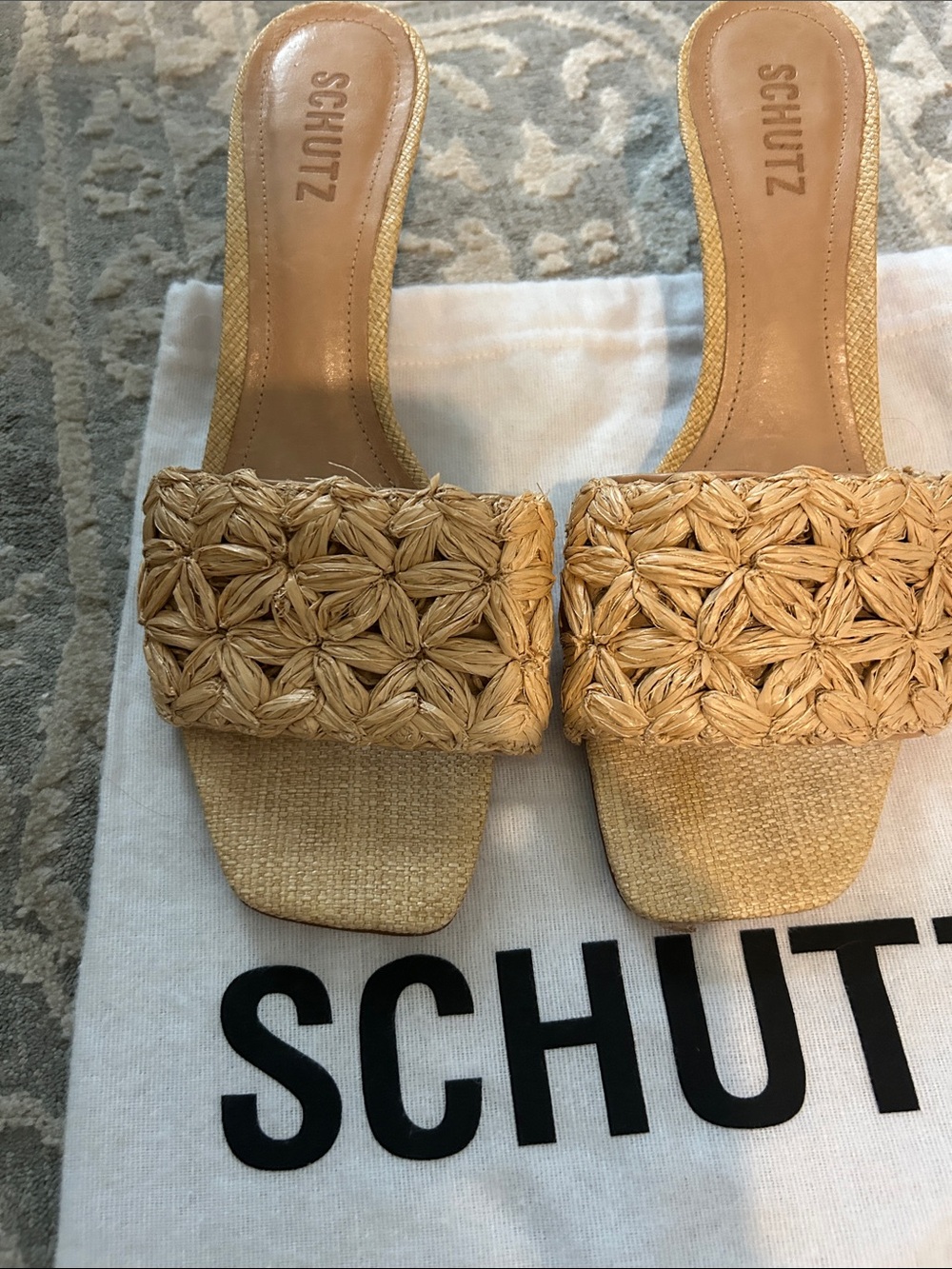 SCHUTZ Natural Woven Raffia Slide Mules